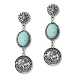 112621, WESTERN TURQUOISE STONE BUFFALO COIN DANGLE EARRINGS