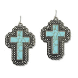 112625, WESTERN TURQUOISE LARGE CROSS DROP EARRINGS