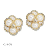112645, PEARL AND RHINESTONE LAYERED FLOWER CLIP ON EARRINGS