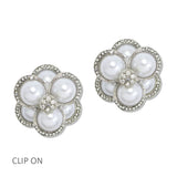 112645, PEARL AND RHINESTONE LAYERED FLOWER CLIP ON EARRINGS