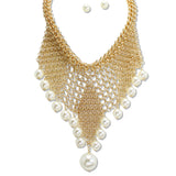 112655, MESH BIB NECKLACE WITH PEARL DROP AND EARRING SET