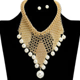112655, MESH BIB NECKLACE WITH PEARL DROP AND EARRING SET