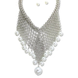112655, MESH BIB NECKLACE WITH PEARL DROP AND EARRING SET