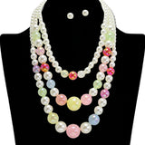 112657, MULTI STRAND PEARL AND MULTI COLOR IRIDESCENT BEAD LAYERED NECKLACE