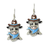 112674, WESTERN PAVE CRYSTAL ENAMEL COWBOY COW EARRINGS