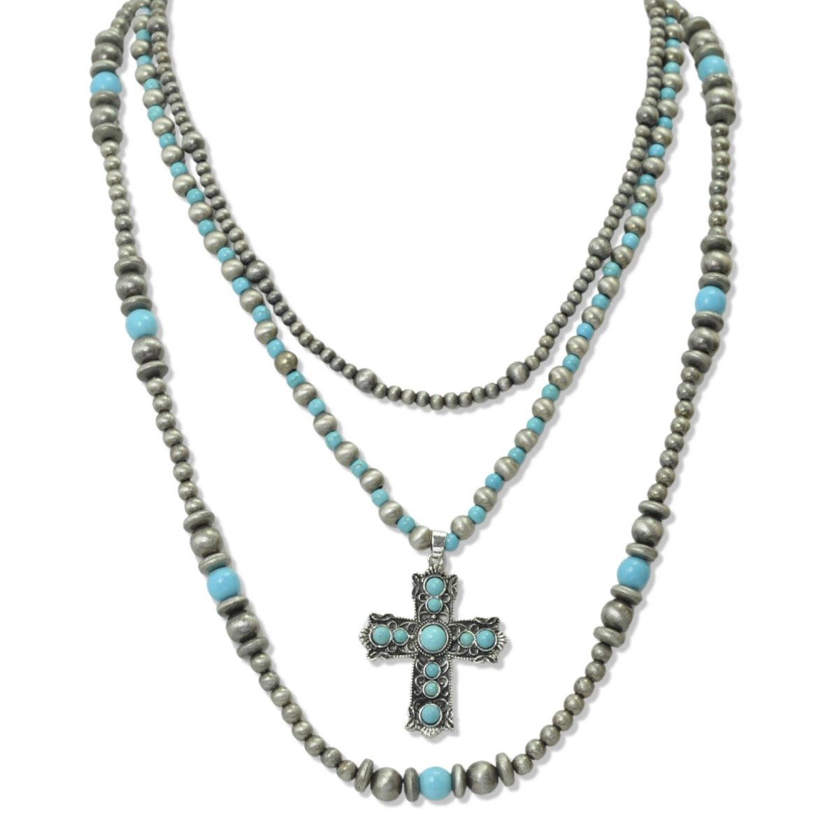 112686, WESTERN CROSS ACCENT MULTI LAYERED TURQUOISE NAVAJO BEADED NEC ...