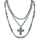 112686, WESTERN CROSS ACCENT MULTI LAYERED TURQUOISE NAVAJO BEADED NECKLACE