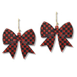 112707, GAMEDAY CHECKERED ACRYLIC RIBBON BOW DANGLE EARRINGS