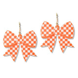112707, GAMEDAY CHECKERED ACRYLIC RIBBON BOW DANGLE EARRINGS