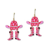 112708, WESTERN COW PRINT COWBOY HAT AND BOOT ACRYLIC DANGLE EARRINGS