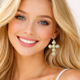 112715, PEARL CLUSTER CROSS DANGLE EARRINGS