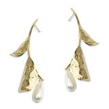112721, HAMMERED BOTANICAL LEAF BRANCH EARRINGS WITH TEARDROP PEARL