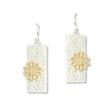 112736, BRUSHED FILIGREE RECTANGLE FLOWER DANGLE EARRINGS