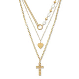 112747, 3 STRAND LAYERED HEART AND CROSS PENDANT NECKLACE WITH PEARLS