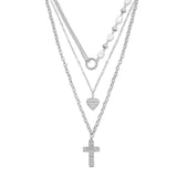 112747, 3 STRAND LAYERED HEART AND CROSS PENDANT NECKLACE WITH PEARLS