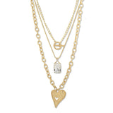 112748, TEXTURED 3 STRAND LAYERED HEART AND CRYSTAL PENDANT NECKLACE