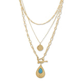 112749, 3 STRAND LAYERED COIN ANF TURQUOISE TEARDROP PENDANT NECKLACE