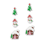 112753, ENAMEL CHRISTMAS TREE SNOWMAN AND COTTAGE STUD EARRING SET