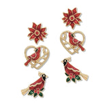 112759, RED ENAMEL CARDINAL AND HOLLY BRANCH EARRING SET