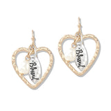 112769, BLESSED AND PEARL ACCENT HAMMERED HEART DANGLE EARRINGS