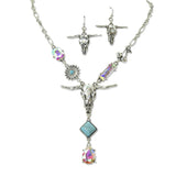 112787, WESTERN TURQUOISE AND AB CRYSTAL STEER HEAD NECKLACE