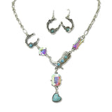 112788, WESTERN TURQUOISE AND AB CRYSTAL COWBOY BOOT AND HORSESHOE NECKLACE