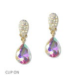 112813, CRYSTAL TEARDROP CLIP ON EARRINGS