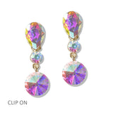 112815, TEARDROP AND ROUND CRYSTAL TIERED DROP CLIP ON EARRINGS