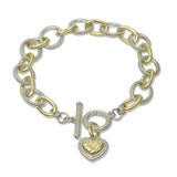 112839, 14K GOLD PLATED TWO TONE HEART CHARM TOGGLE CHAIN DESIGNER INSPIRED BRACELET