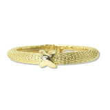 112840, 14K GOLD PLATED X ACCENT MESH WOVEN HINGED BANGLE DESIGNER INSPIRED BRACELET