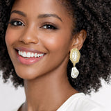 112844, TEXTURED METALLIC BAROQUE PEARL DROP EARRINGS