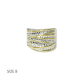 112846, 14K GOLD PLATED TWO TONE MULTI ROW TEXTURED DESIGNER INSPIRED RING