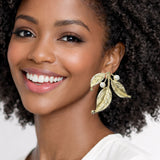 112851, TEXTURED METALLIC LEAFY BRANCH PEARL ACCENT EARRINGS
