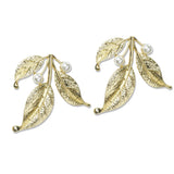 112851, TEXTURED METALLIC LEAFY BRANCH PEARL ACCENT EARRINGS