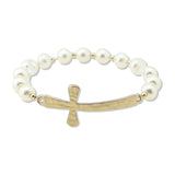 112857, HAMMERED CROSS PEARL BEADED STRETCH BRACELET