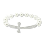 112857, HAMMERED CROSS PEARL BEADED STRETCH BRACELET