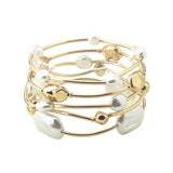 112876, PEARL AND HAMMERED NUGGET MULTI LAYERED STRETCH BRACELET