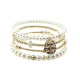 112877, HAMMERED CROSS ACCENT PEARL MULTI LAYERED BEADED STRETCH BRACELET