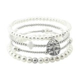 112877, HAMMERED CROSS ACCENT PEARL MULTI LAYERED BEADED STRETCH BRACELET