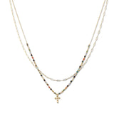 112879, DAINTY CROSS CHARM BEADED LAYERED NECKLACE