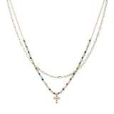 112879, DAINTY CROSS CHARM BEADED LAYERED NECKLACE