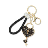 112890, BRAIDED LEATHER PAVE HEART LOCK KEY KEYCHAIN AND BAG CHARM