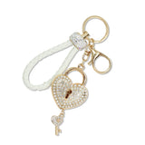 112890, BRAIDED LEATHER PAVE HEART LOCK KEY KEYCHAIN AND BAG CHARM
