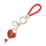112890, BRAIDED LEATHER PAVE HEART LOCK KEY KEYCHAIN AND BAG CHARM