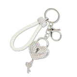 112890, BRAIDED LEATHER PAVE HEART LOCK KEY KEYCHAIN AND BAG CHARM