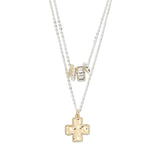 112904, HAMMERED CROSS AND RONDELLE CHARM LAYERED NECKLACE