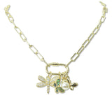 112918, 14K GOLD PLATED PAVE CZ DRAGONFLY AND BUTTERFLY MULTI CHARM NECKLACE