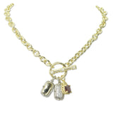 112923, 14K GOLD PLATED CZ MULTI CHARM CABLE LINK TOGGLE NECKLACE