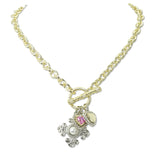 112924, 14K GOLD PLATED CZ CROSS AND HEART MULTI CHARM TOGGLE NECKLACE