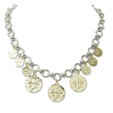 112927, 14K GOLD PLATED MIXED METAL COIN CHARM NECKLACE
